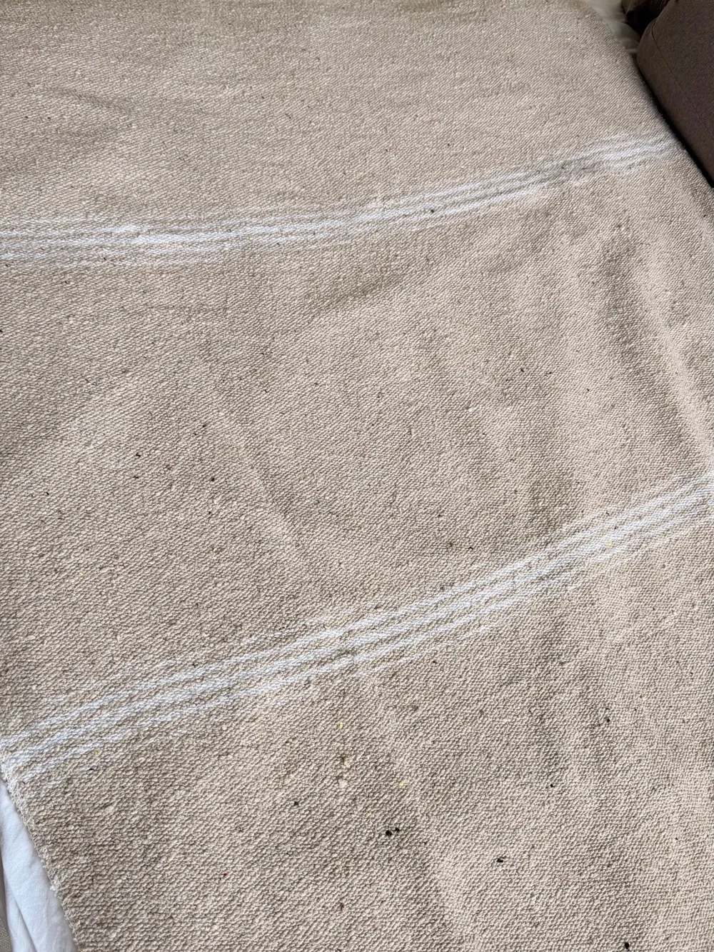 Woven Cotton Picnic Blanket Beige Striped Fringe Boho Farmhouse